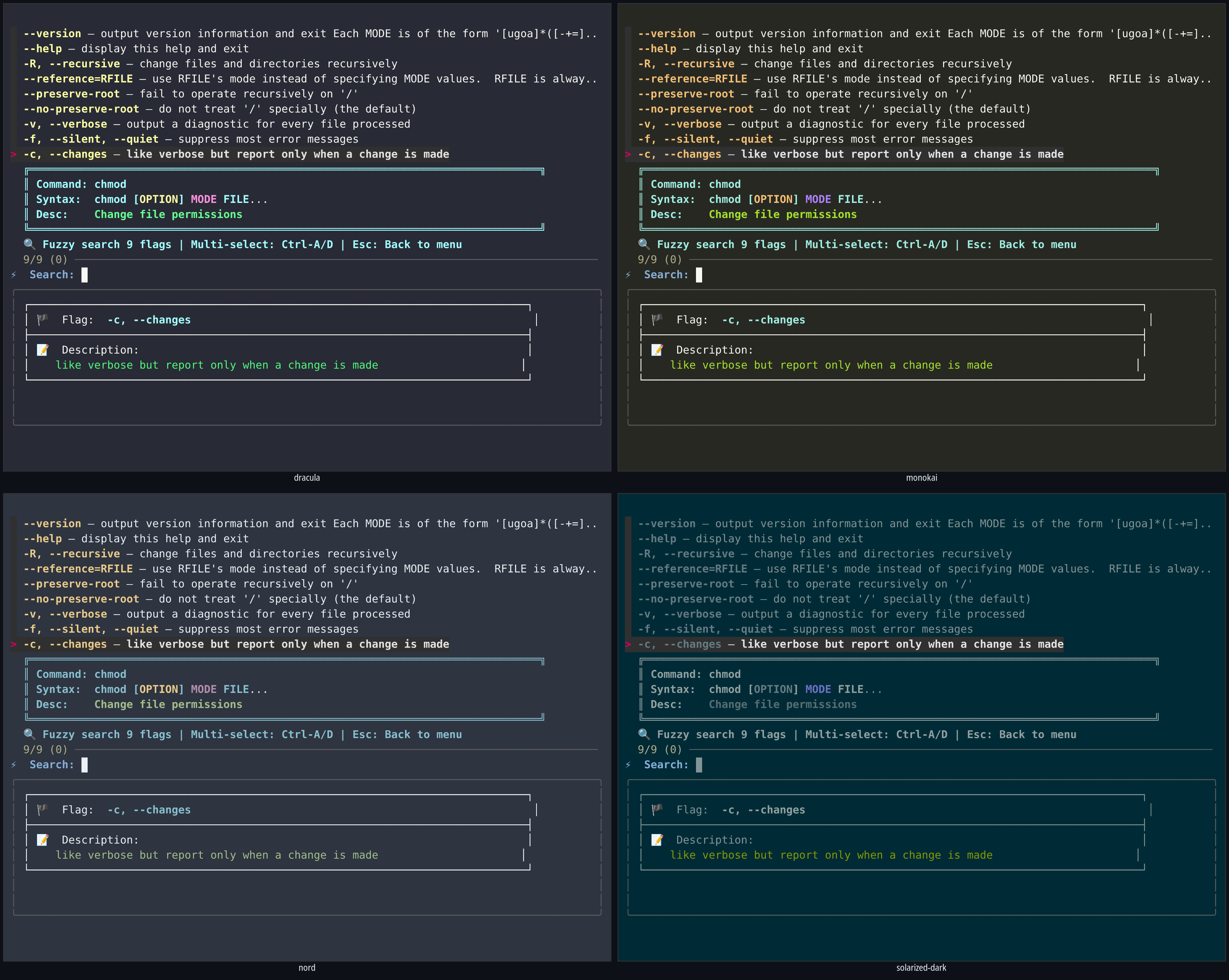 super-man across dracula, monokai, nord and solarized-dark themes