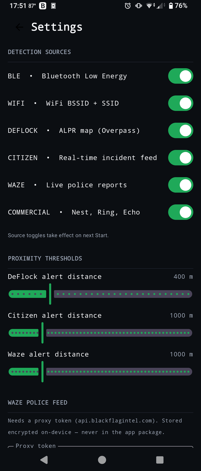Settings screen: per-source toggles (BLE, WiFi, DeFlock, Citizen, Waze, Commercial), proximity distance sliders, and the encrypted Waze proxy token field.