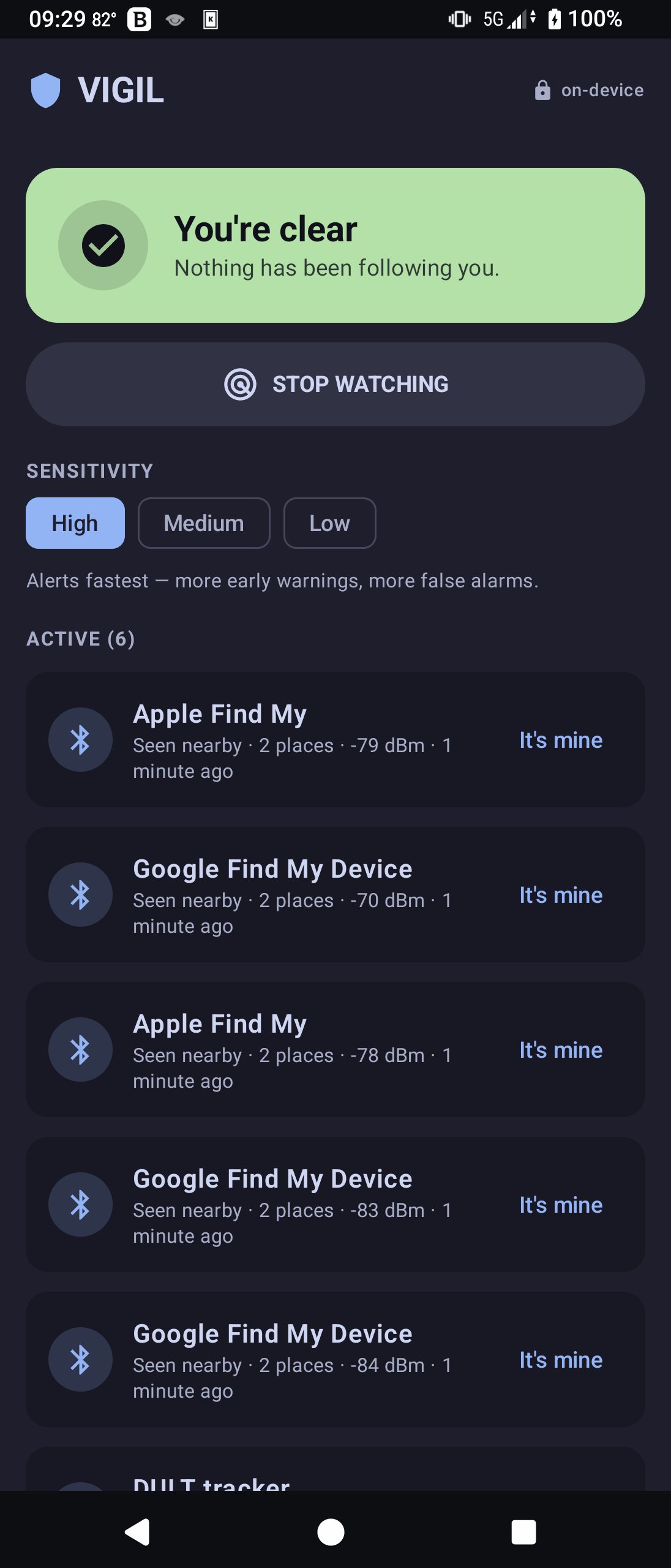 VIGIL watch list — whether anything has been following you