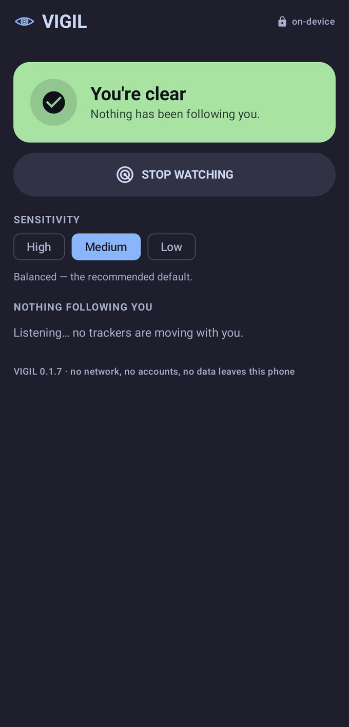 VIGIL main screen: a green "You're clear — nothing has been following you" card, a Stop Watching button, and a High/Medium/Low sensitivity selector.