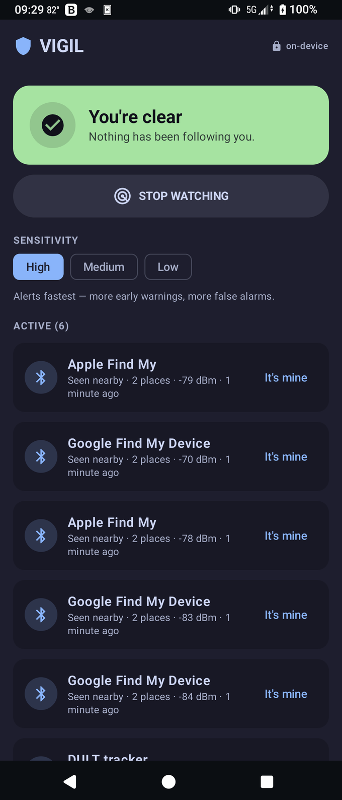 VIGIL active list: an ACTIVE (6) list of nearby Apple Find My and Google Find My Device trackers, each showing places seen, signal in dBm, time since last seen, and an It's-mine button.